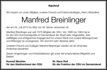 Anzeige von Manfred Breinlinger von Schwäbische Zeitung
