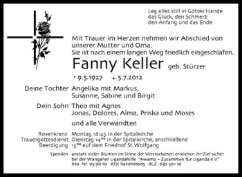 Anzeige von Fanny Keller von Schwäbische Zeitung