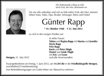 Anzeige von Günter Rapp von Schwäbische Zeitung