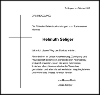 Anzeige von Helmuth Seliger von Schwäbische Zeitung