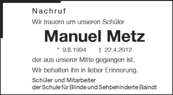 Anzeige von Manuel Metz von Schwäbische Zeitung