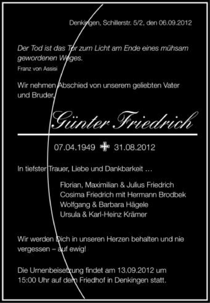  Traueranzeige für Günter Friedrich vom 10.09.2012 aus Schwäbische Zeitung