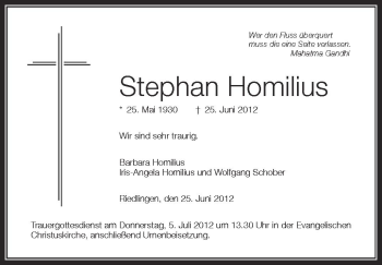Anzeige von Stephan Homilius von Schwäbische Zeitung