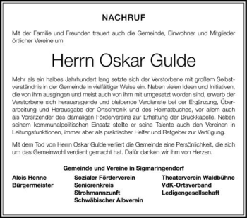 Anzeige von Oskar Gulde von Schwäbische Zeitung