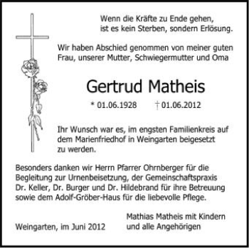 Anzeige von Gertrud Matheis von Schwäbische Zeitung