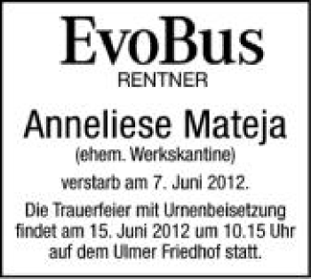 Anzeige von Anneliese Mateja von Schwäbische Zeitung