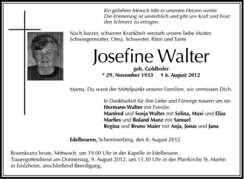  Traueranzeige für Josefine Walter vom 08.08.2012 aus Schwäbische Zeitung