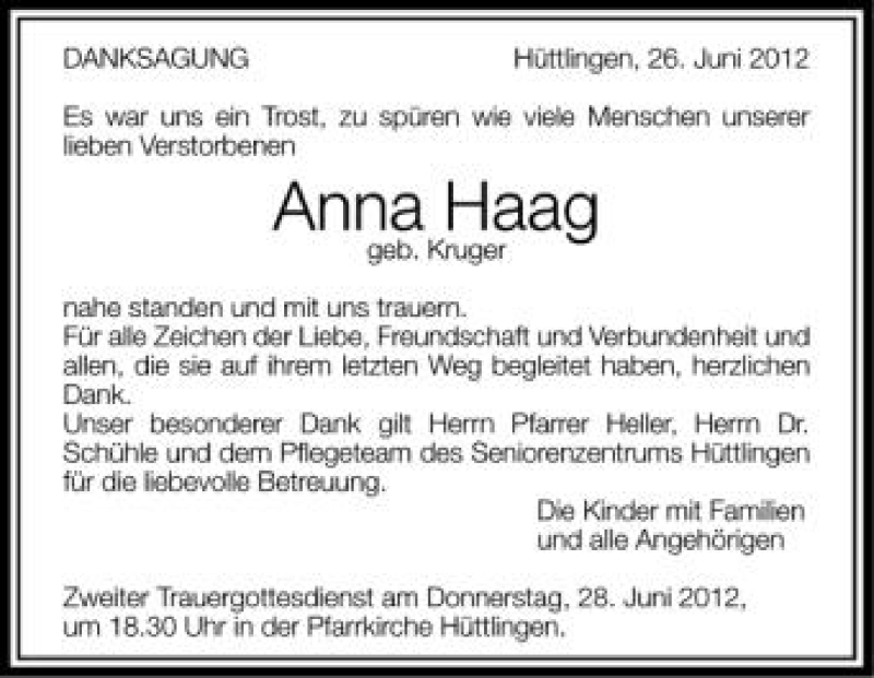  Traueranzeige für Anna Haag vom 26.06.2012 aus Schwäbische Zeitung