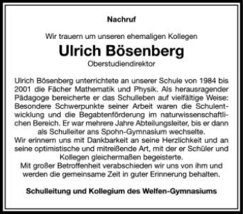 Anzeige von Ulrich Bösenberg von Schwäbische Zeitung