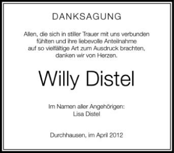 Anzeige von Willy Distel von Schwäbische Zeitung