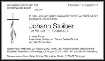 Anzeige von Johann Stoiber von Schwäbische Zeitung