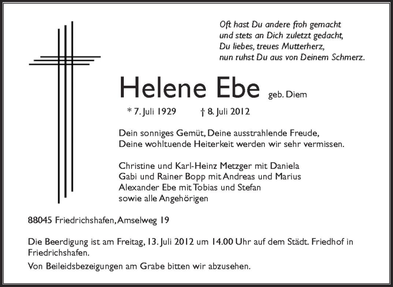  Traueranzeige für Helene Ebe vom 10.07.2012 aus Schwäbische Zeitung