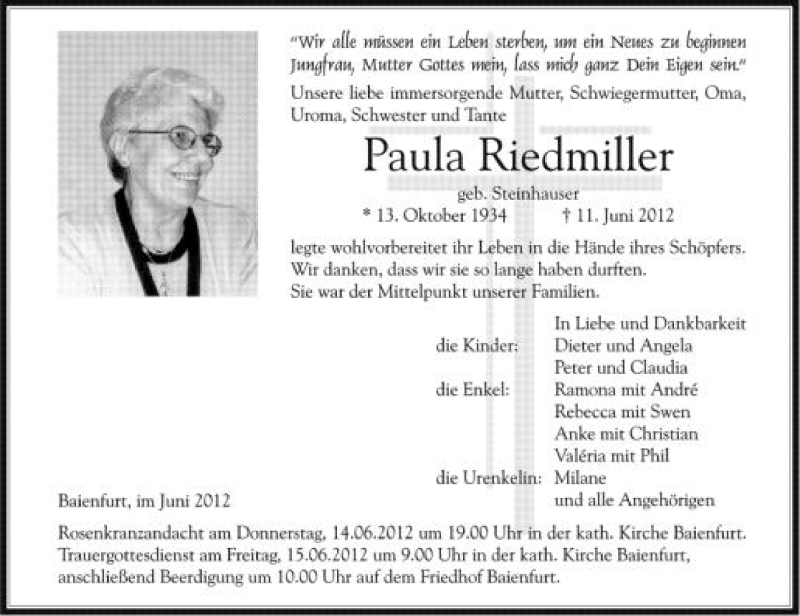  Traueranzeige für Paula Riedmiller vom 13.06.2012 aus Schwäbische Zeitung