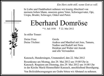 Anzeige von Eberhard Domröse von Schwäbische Zeitung