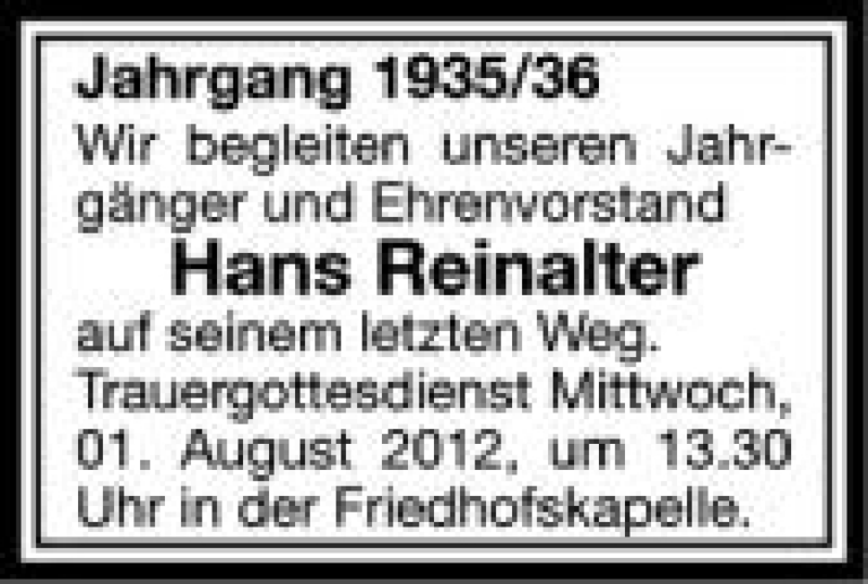  Traueranzeige für Hans Reinalter vom 31.07.2012 aus Schwäbische Zeitung