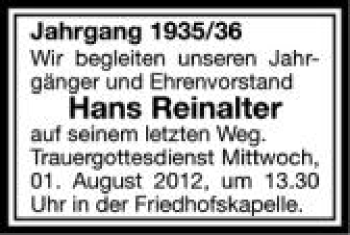 Anzeige von Hans Reinalter von Schwäbische Zeitung