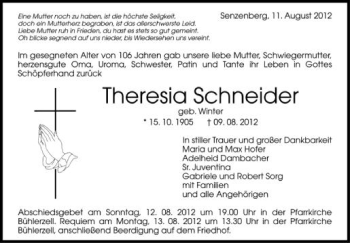 Anzeige von Theresia Schneider von Schwäbische Zeitung