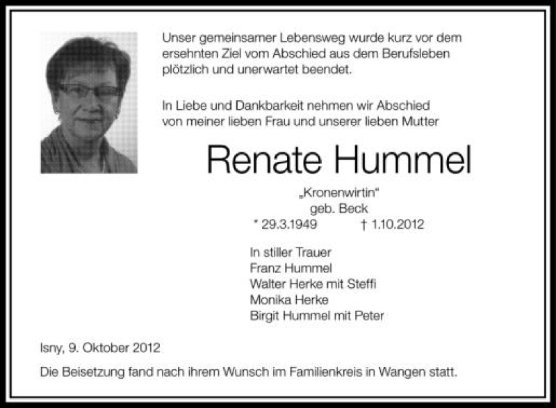  Traueranzeige für Renate Hummel vom 09.10.2012 aus Schwäbische Zeitung