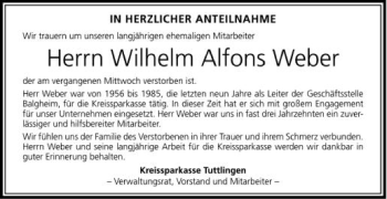 Anzeige von Wilhelm Alfons Weber von Schwäbische Zeitung
