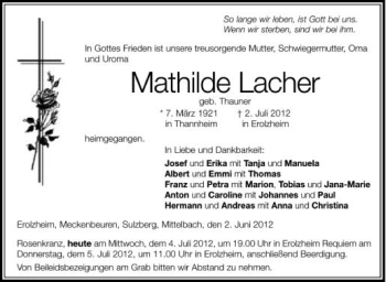 Anzeige von Mathilde Lacher von Schwäbische Zeitung