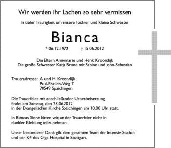 Anzeige von Bianca   von Schwäbische Zeitung
