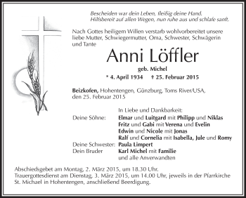 Anzeige von Anni Löffler von Schwäbische Zeitung