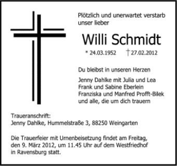 Anzeige von Willi Schmidt von Schwäbische Zeitung