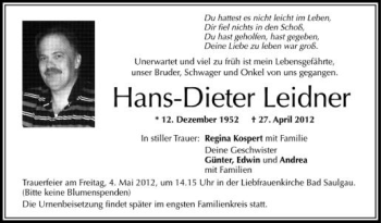 Anzeige von Hans-Dieter Leidner von Schwäbische Zeitung