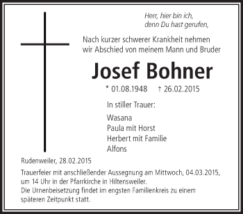 Anzeige von Josef Bohner von Schwäbische Zeitung