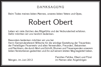 Anzeige von Robert Obert von Schwäbische Zeitung