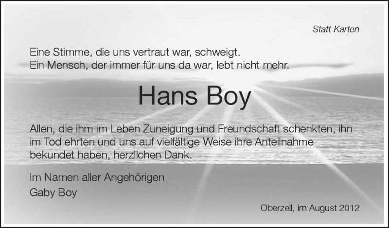  Traueranzeige für Hans Boy vom 25.08.2012 aus Schwäbische Zeitung