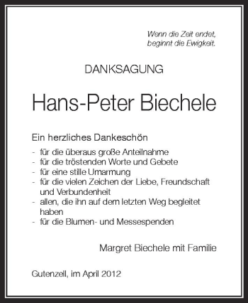Anzeige von Hans-Peter Biechele von Schwäbische Zeitung