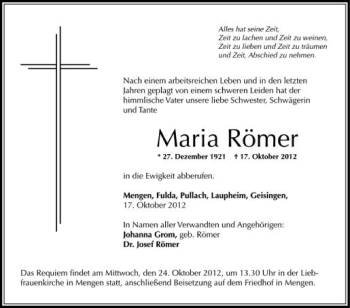 Anzeige von Maria Römer von Schwäbische Zeitung
