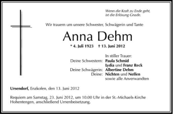 Anzeige von Anna Dehm von Schwäbische Zeitung