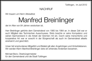 Anzeige von Manfred Breinlinger von Schwäbische Zeitung