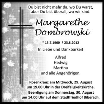 Anzeige von Margarethe Dombrowski von Schwäbische Zeitung