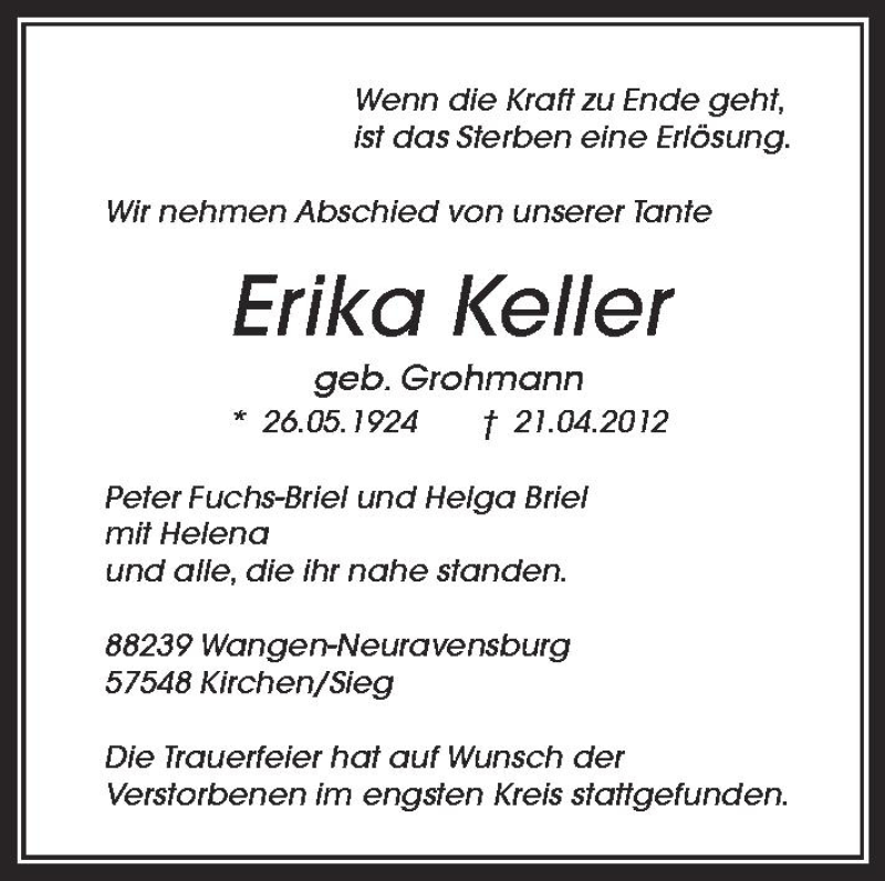  Traueranzeige für Erika Keller vom 12.05.2012 aus Schwäbische Zeitung