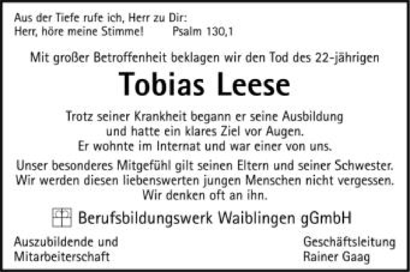  Traueranzeige für Tobias Leese vom 27.04.2012 aus Schwäbische Zeitung