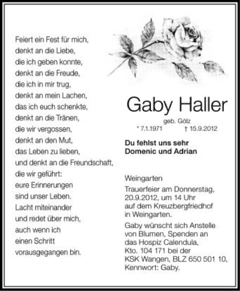  Traueranzeige für Gaby Haller vom 19.09.2012 aus Schwäbische Zeitung