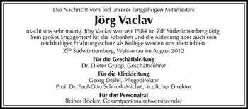 Anzeige von Jörg Vaclav von Schwäbische Zeitung