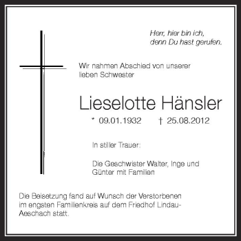 Anzeige von Lieselotte Hänsler von Schwäbische Zeitung