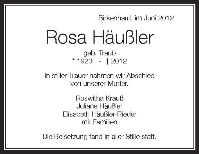  Traueranzeige für Rosa Häußler vom 09.06.2012 aus Schwäbische Zeitung