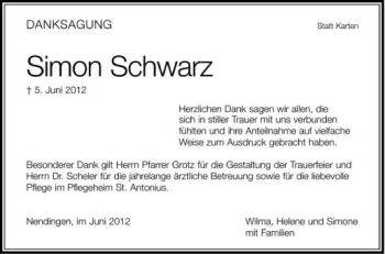 Anzeige von Simon Schwarz von Schwäbische Zeitung