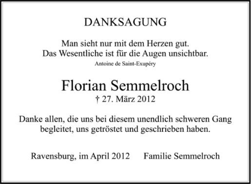  Traueranzeige für Florian Semmelroch vom 14.04.2012 aus Schwäbische Zeitung