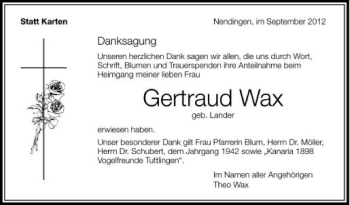 Anzeige von Gertraud Wax von Schwäbische Zeitung