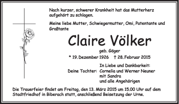 Anzeige von Claire Völker von Schwäbische Zeitung