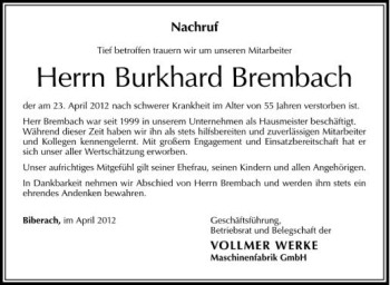 Anzeige von Burkhard Brembach von Schwäbische Zeitung