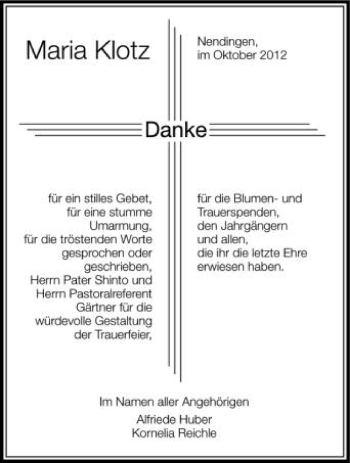 Anzeige von Maria Klotz von Schwäbische Zeitung