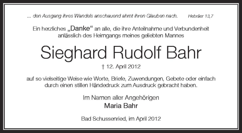  Traueranzeige für Sieghard Rudolf Bahr vom 30.04.2012 aus Schwäbische Zeitung