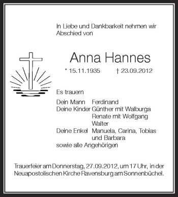 Anzeige von Anna Hannes von Schwäbische Zeitung